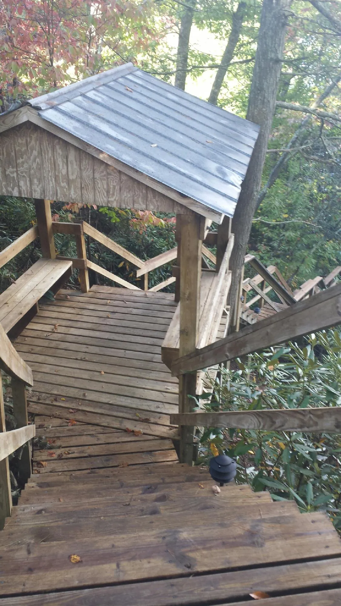 Metal roofed shelter over wooden steps on a wooded walkway — Skylight Repair & Installation work by our crew in Willoughby